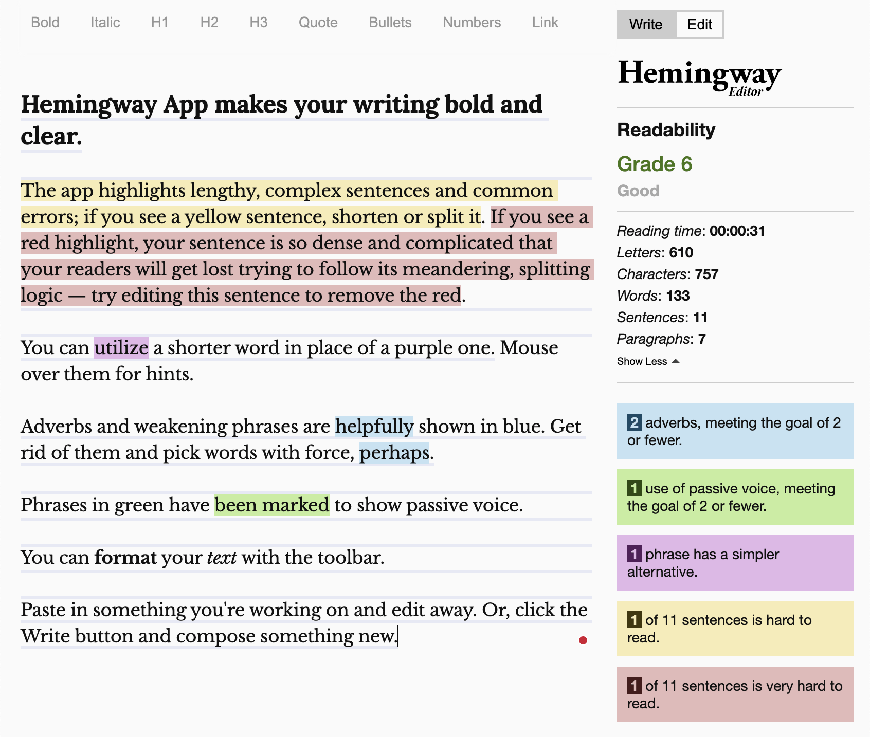 Hemingway App editor example
