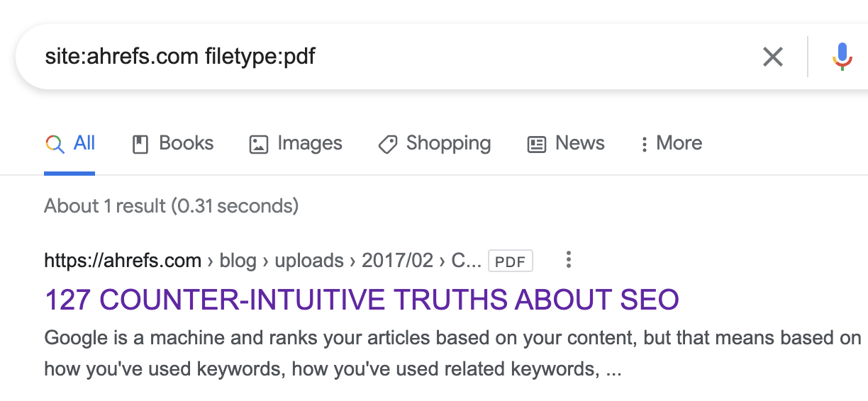 Searching for indexed PDFs from a particular site with site: and filetype:
