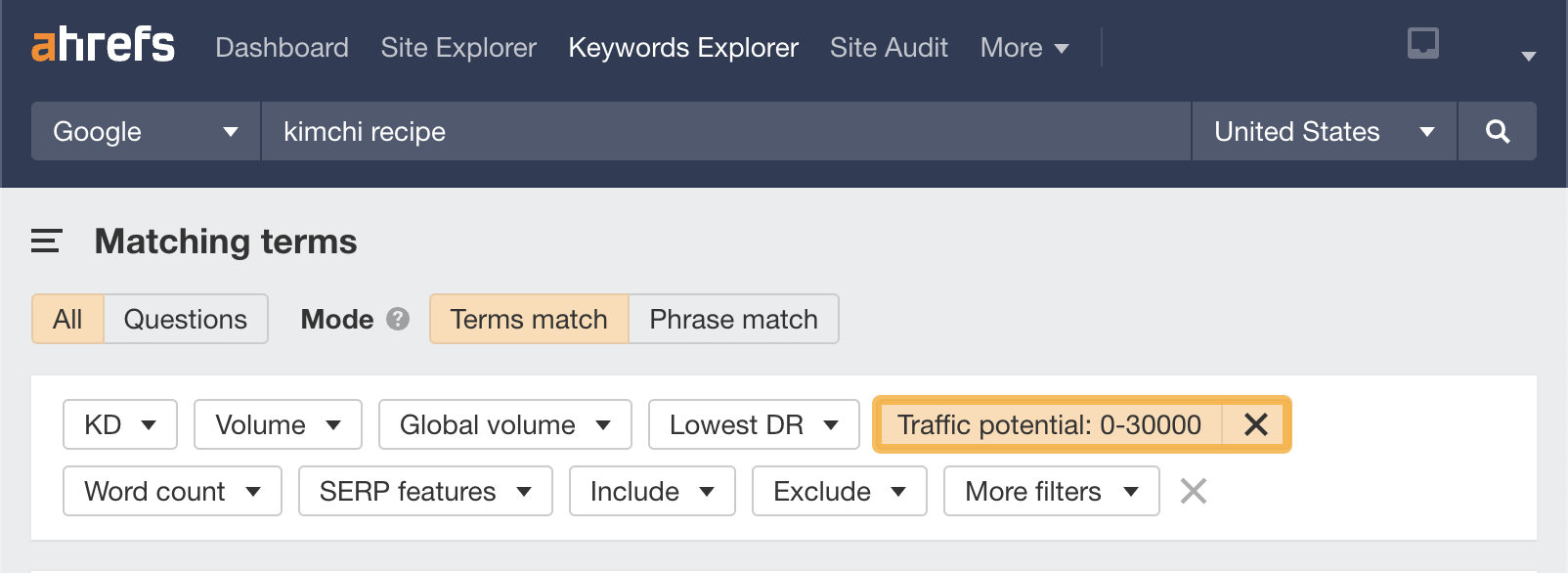 Traffic Potential filter, via Ahrefs' Keywords Explorer