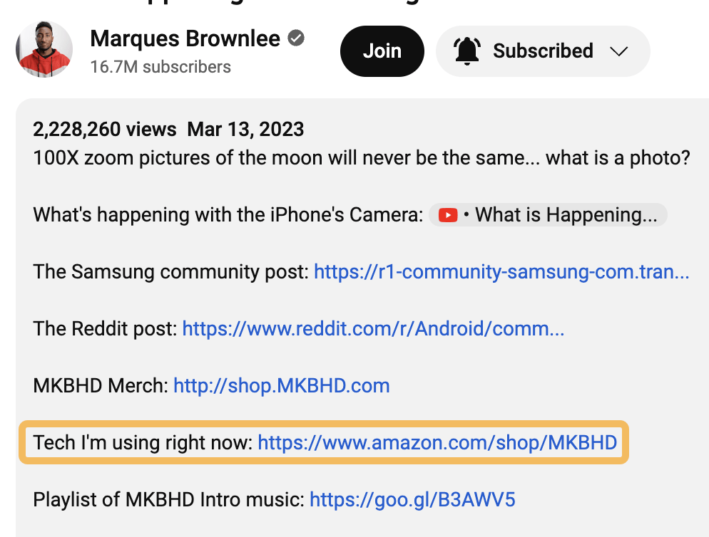 MKBHD Amazon affiliate link in YouTube video description
