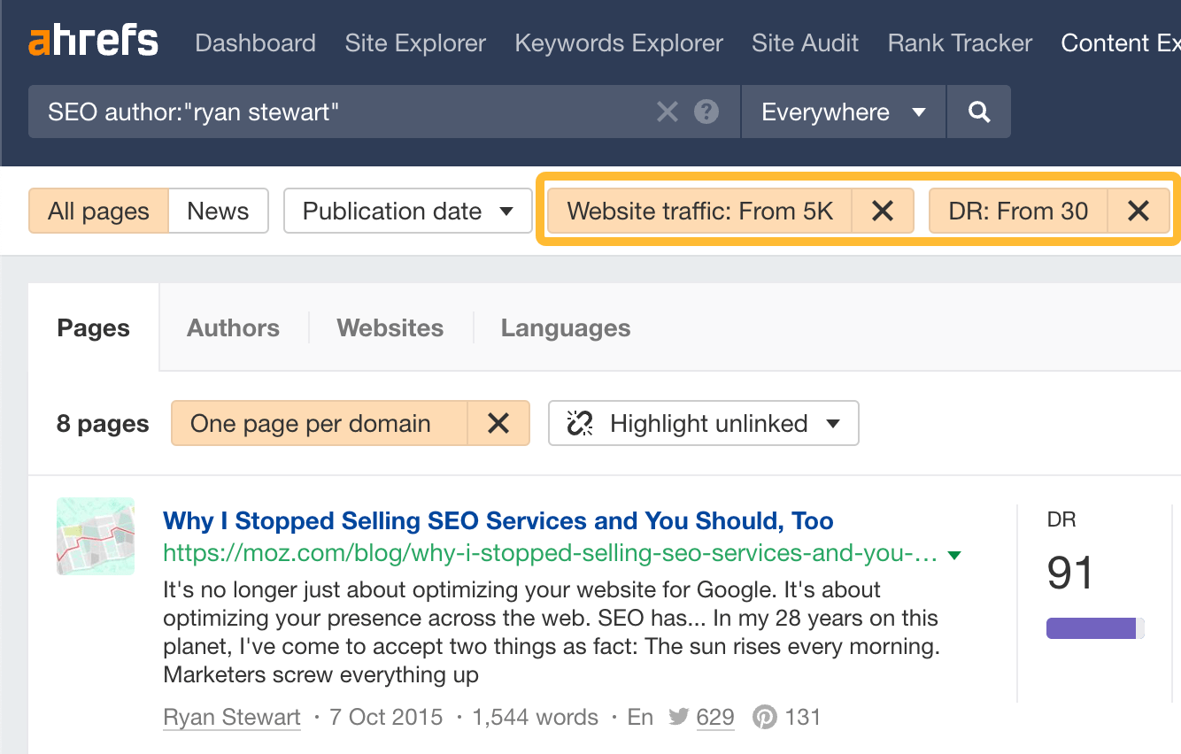 Filtering for posts by a particular author from high-DR and high-traffic websites in Ahrefs' Content Explorer