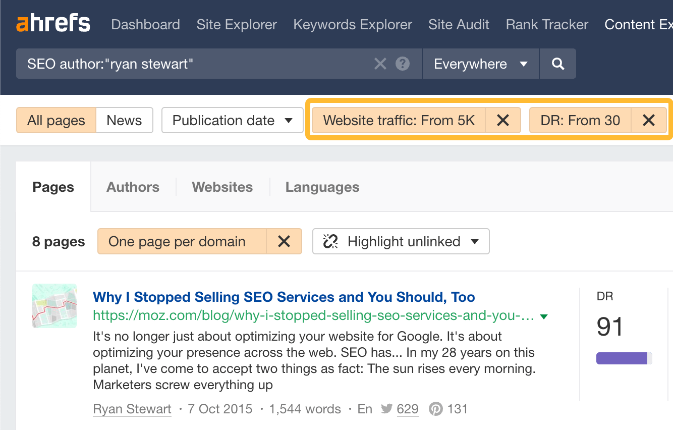 Filtering for posts by a particular author from high-DR and high-traffic websites in Ahrefs
