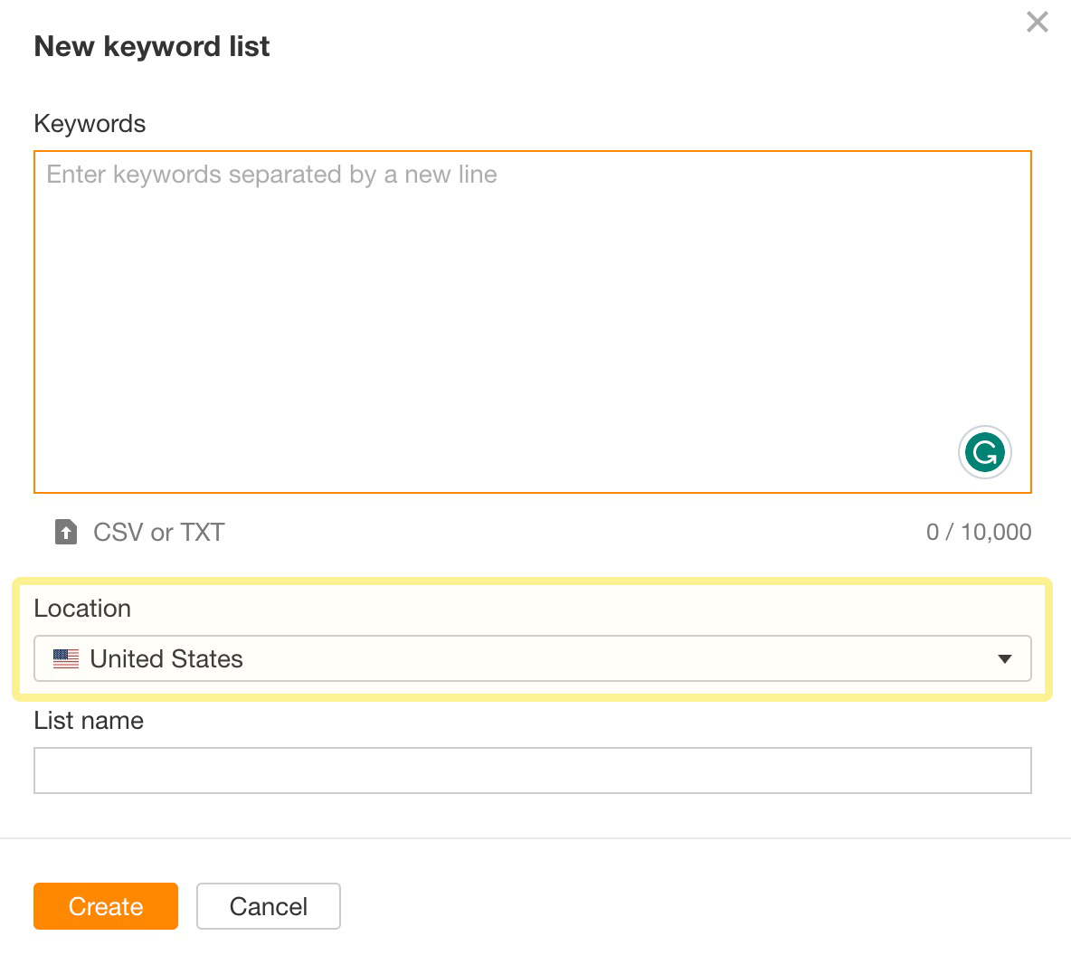 Selecting a location when you create a new keyword list