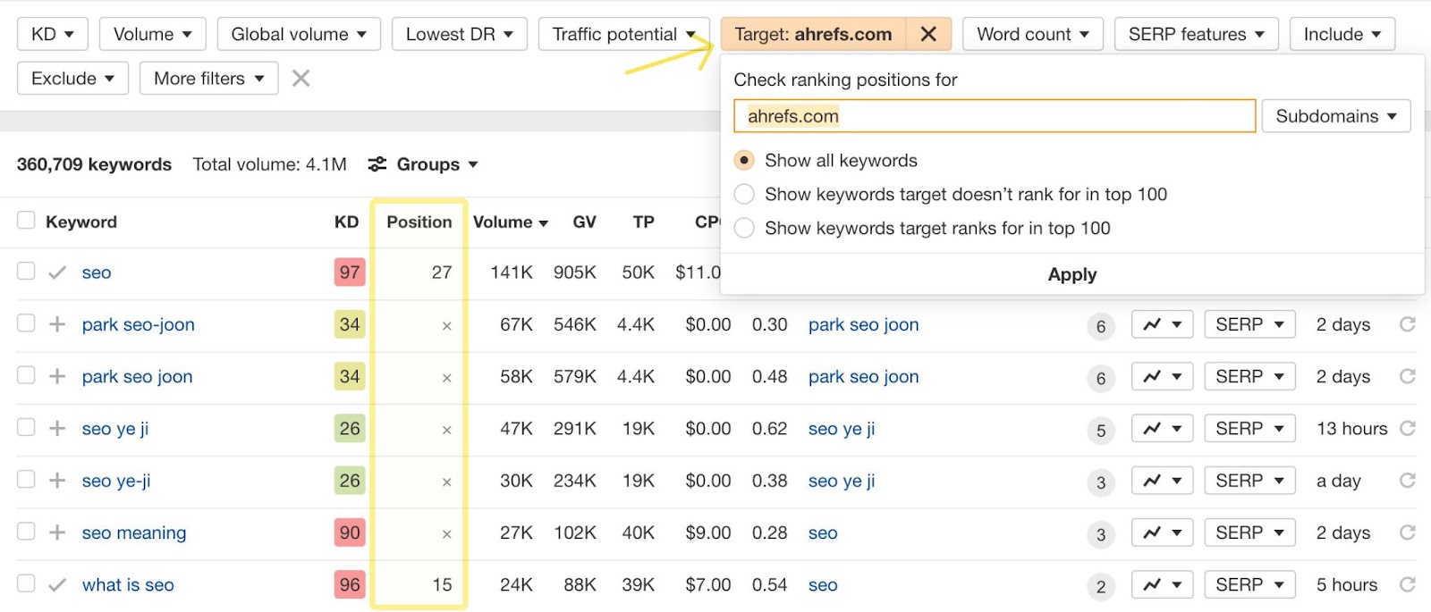 Target filter in Keyword Ideas reports