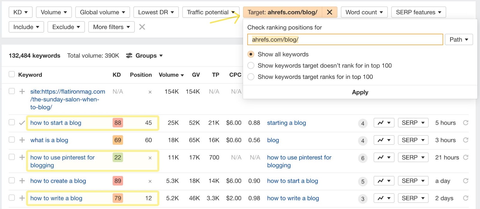 Setting target filter for ahrefs.com/blog in path mode