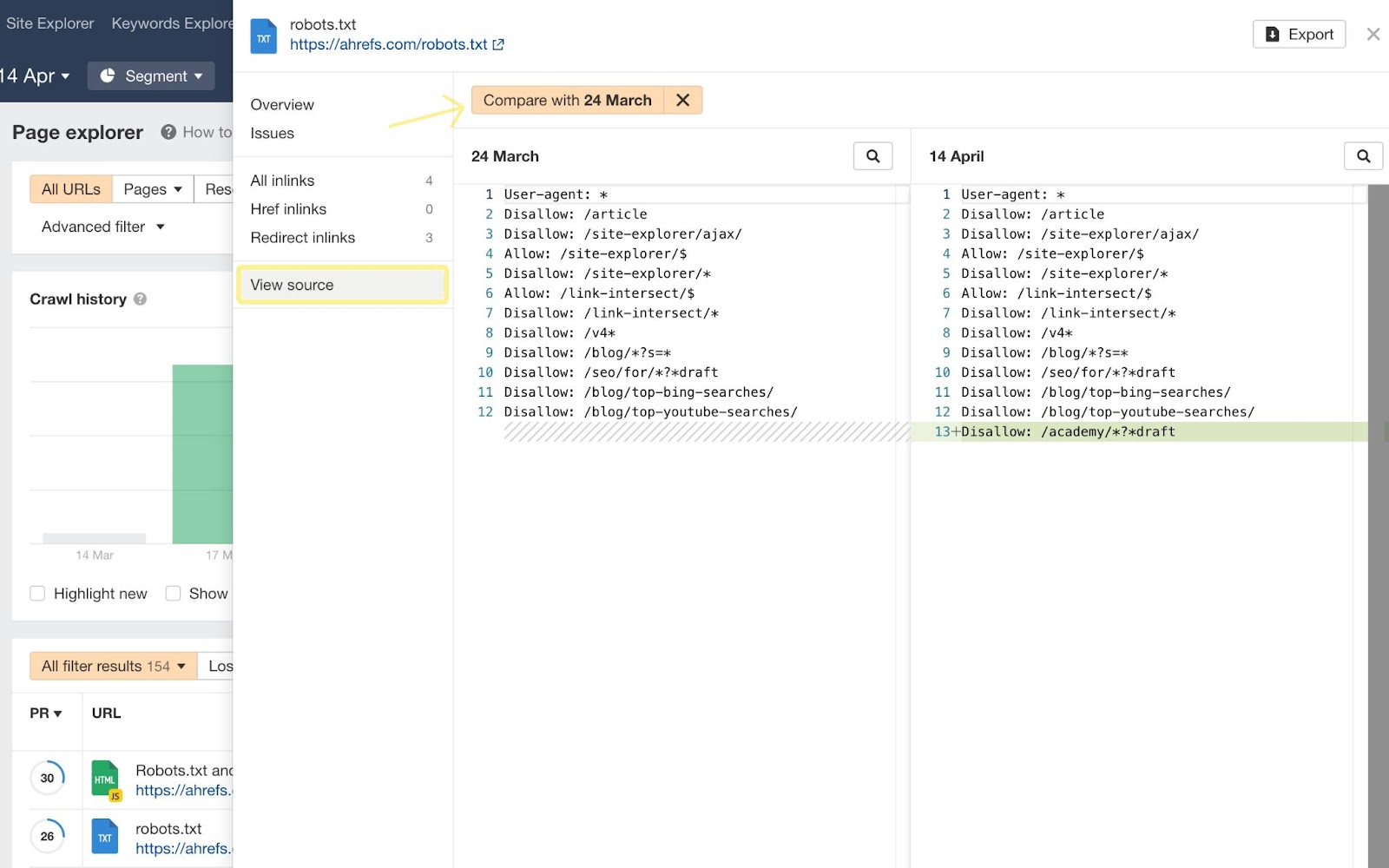 Compare robots.txt changes between crawls in Site Audit