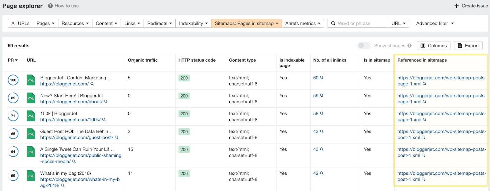 “Referenced in sitemaps” field in Page Explorer