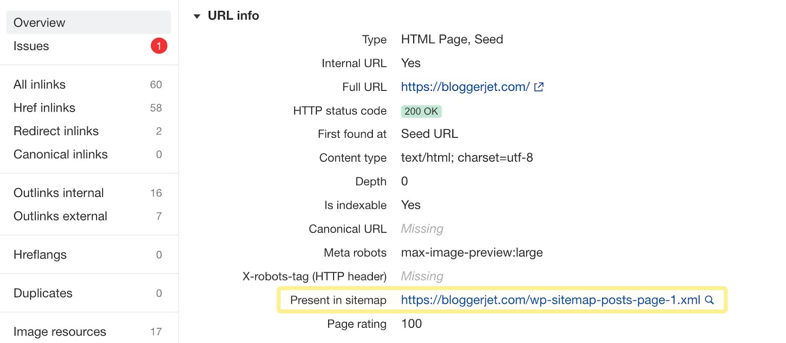 “Present in sitemap” field with a link to the sitemap in URL details