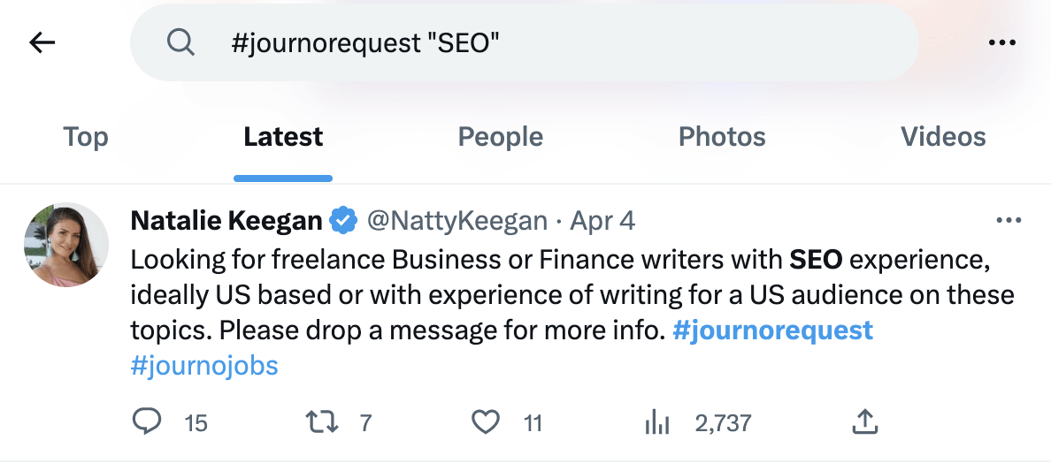 Example of a #journorequest tweet