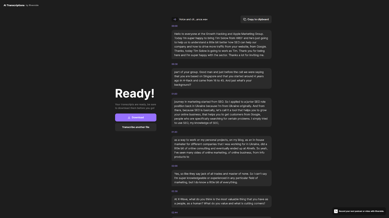 AI Transcriptions by Riverside transcription results
