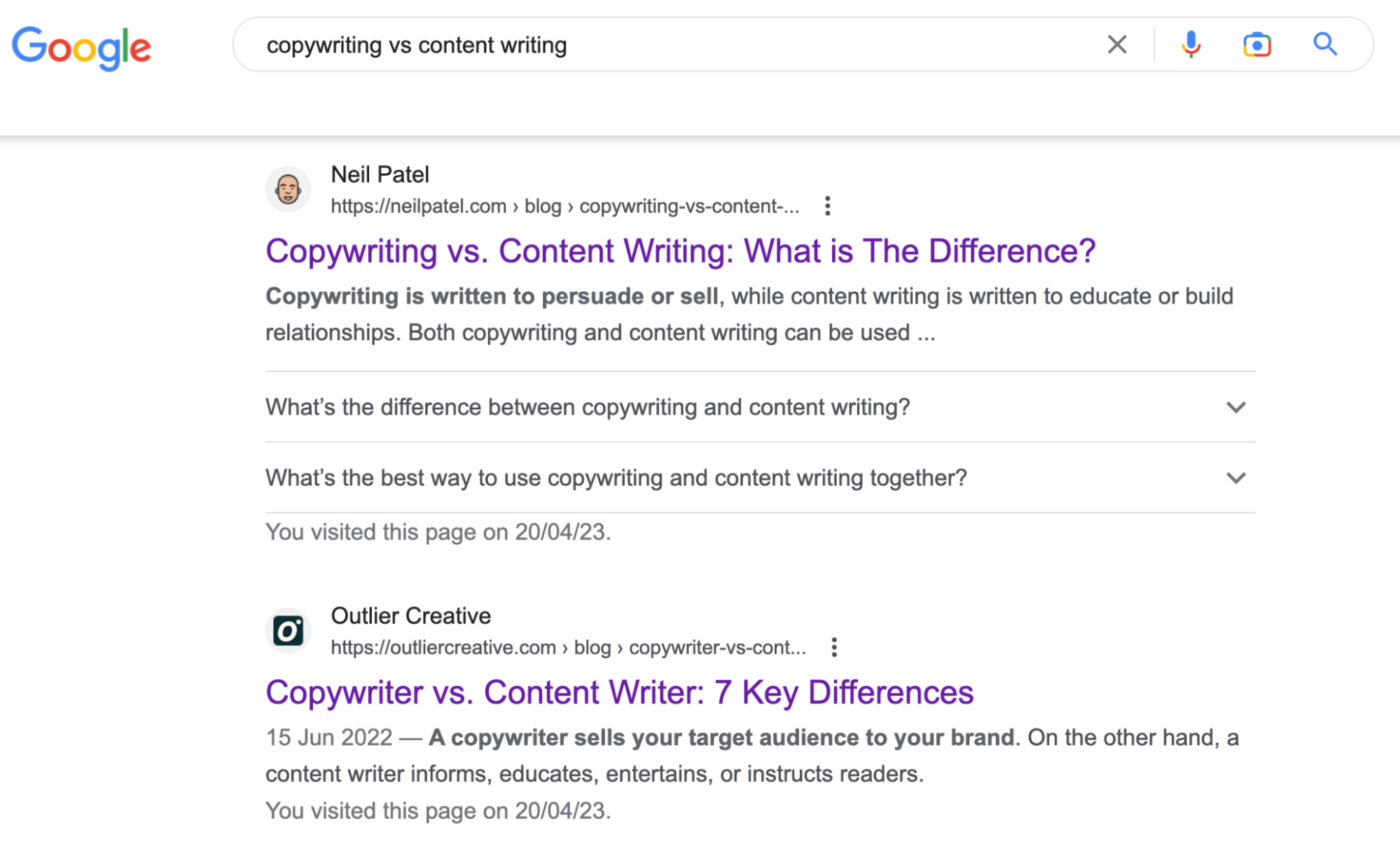 Google search results for "copywriting vs content writing"