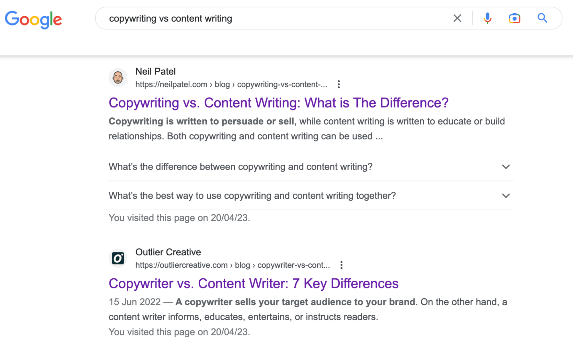 Google search results for "copywriting vs content writing"