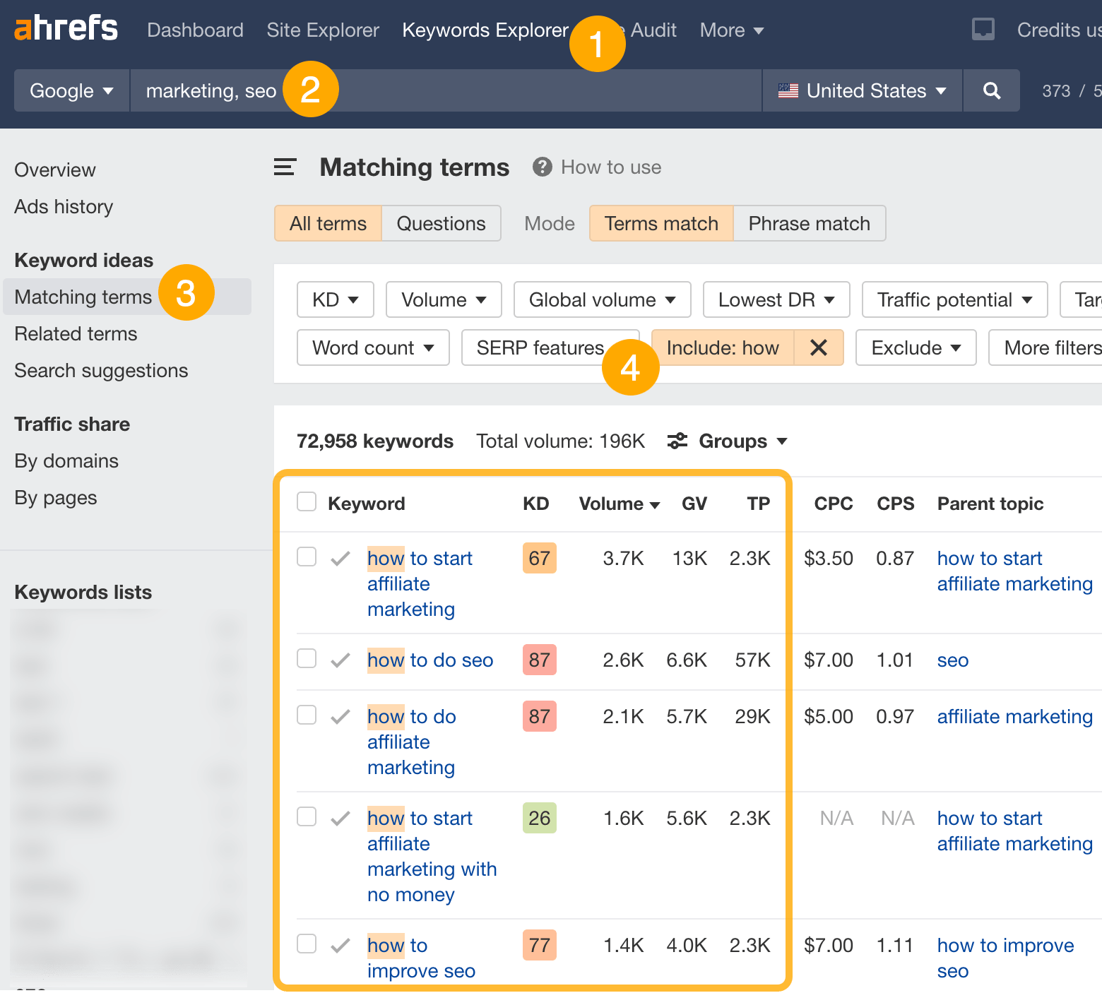 Finding "how to" keywords, via Ahrefs' Keywords Explorer
