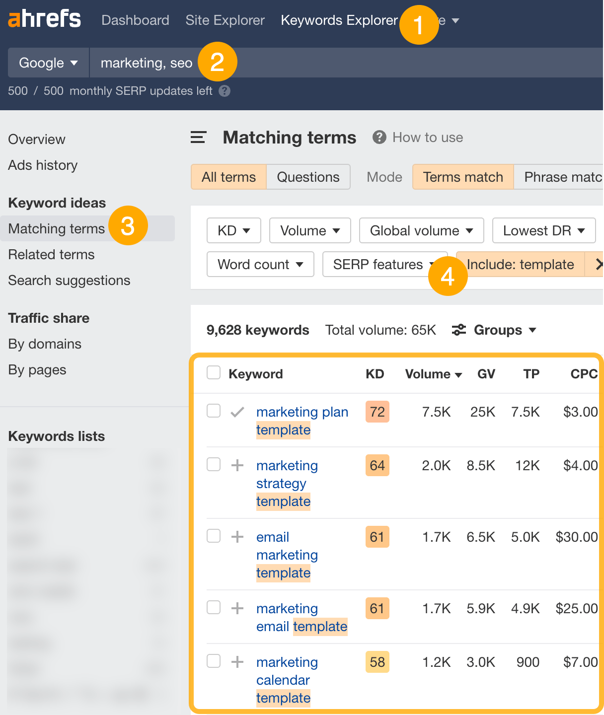 Finding "template" keywords, via Ahrefs' Keywords Explorer
