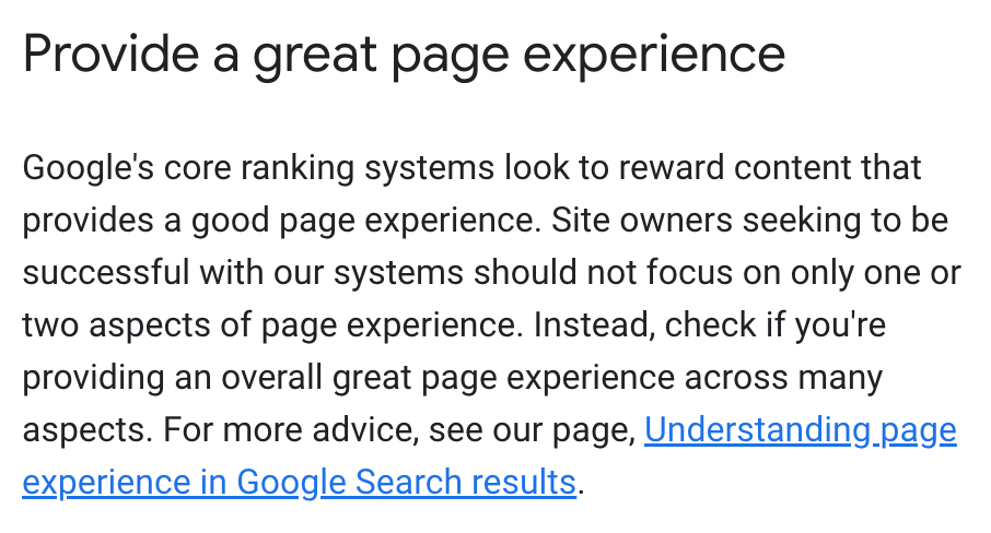 Google says to provide a great page experience for your visitors