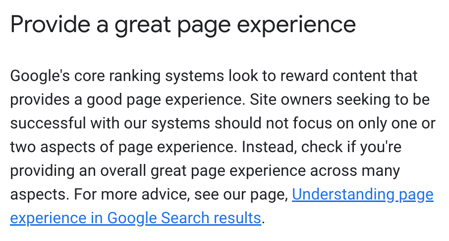 O Google diz para fornecer uma ótima experiência de página para seus visitantes