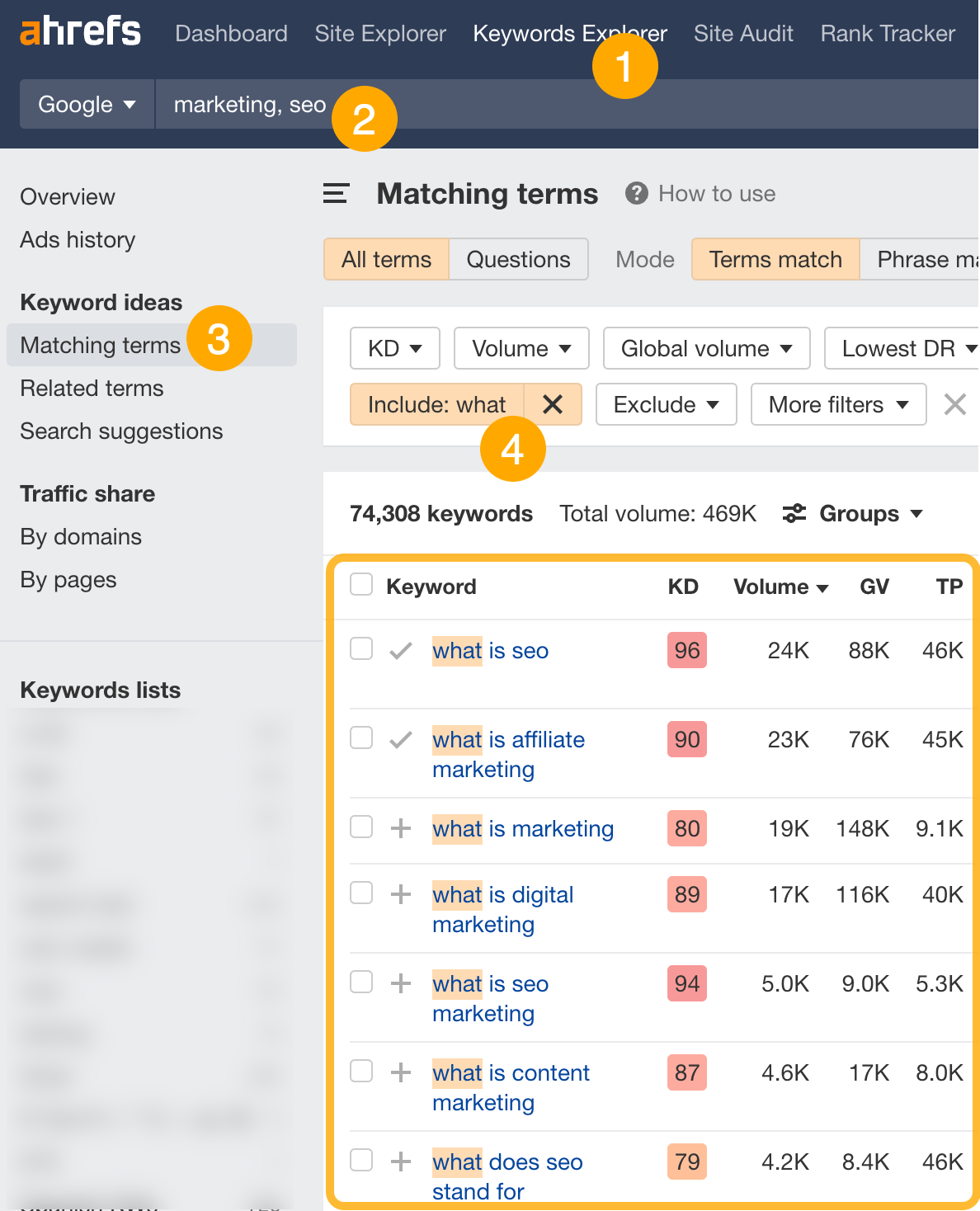 Finding "guide" keywords, via Ahrefs' Keywords Explorer
