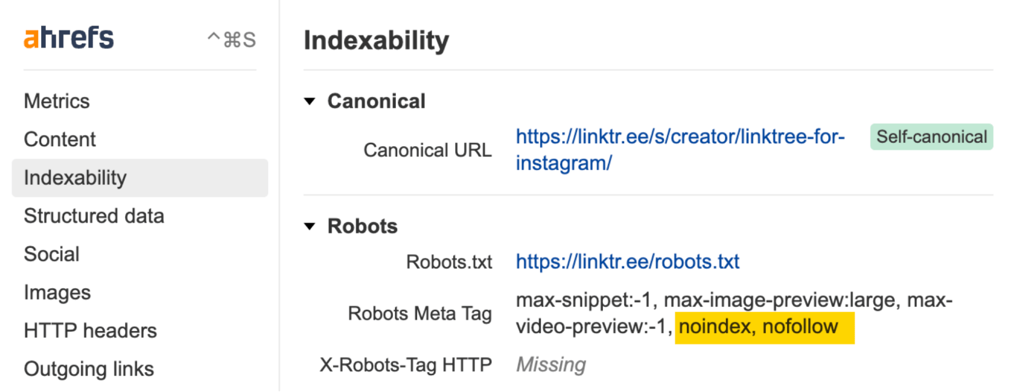 Exemplo de "noindex, nofollow," através da barra de ferramentas de SEO do Ahrefs
