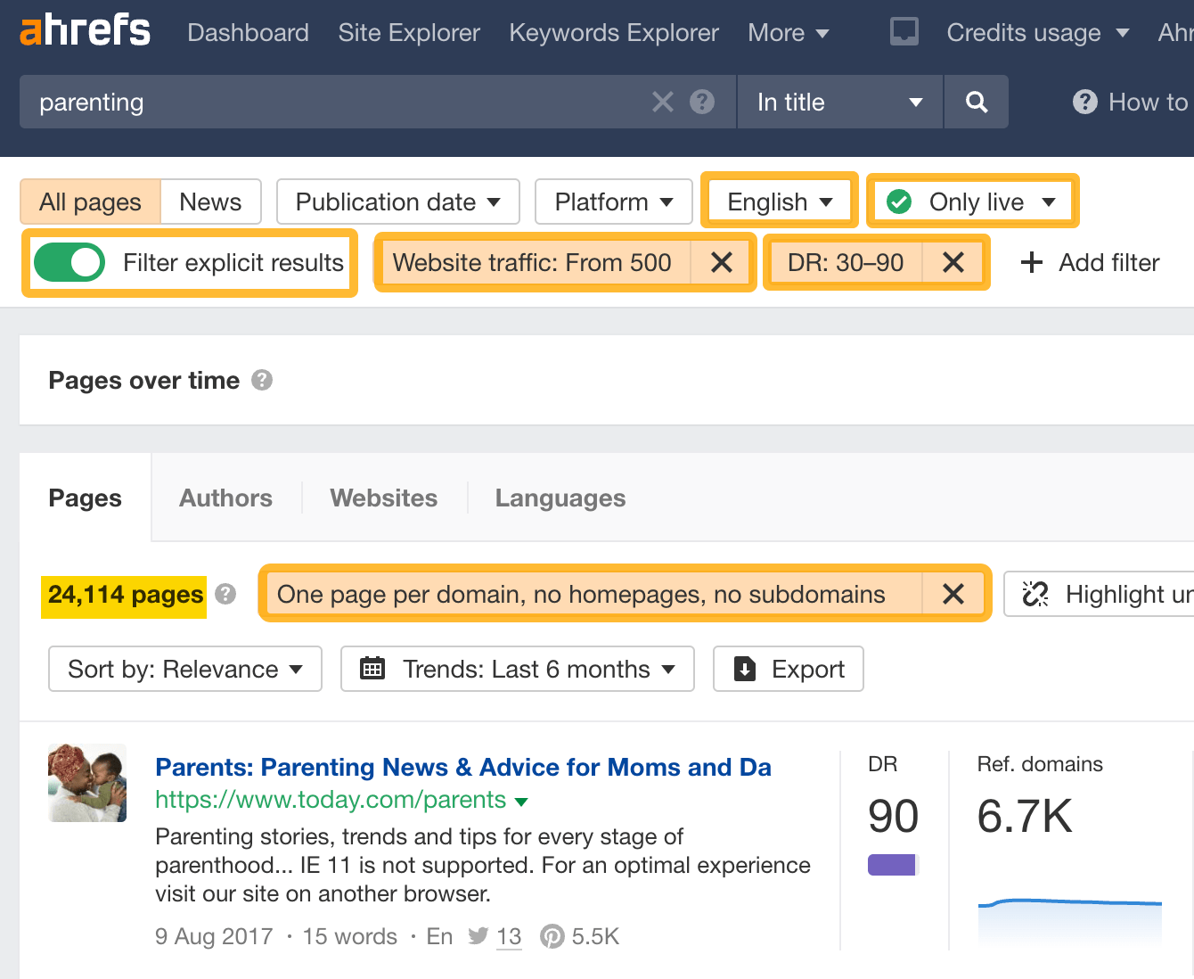 Usando o Content Explorer do Ahrefs para encontrar oportunidades de guest blogging