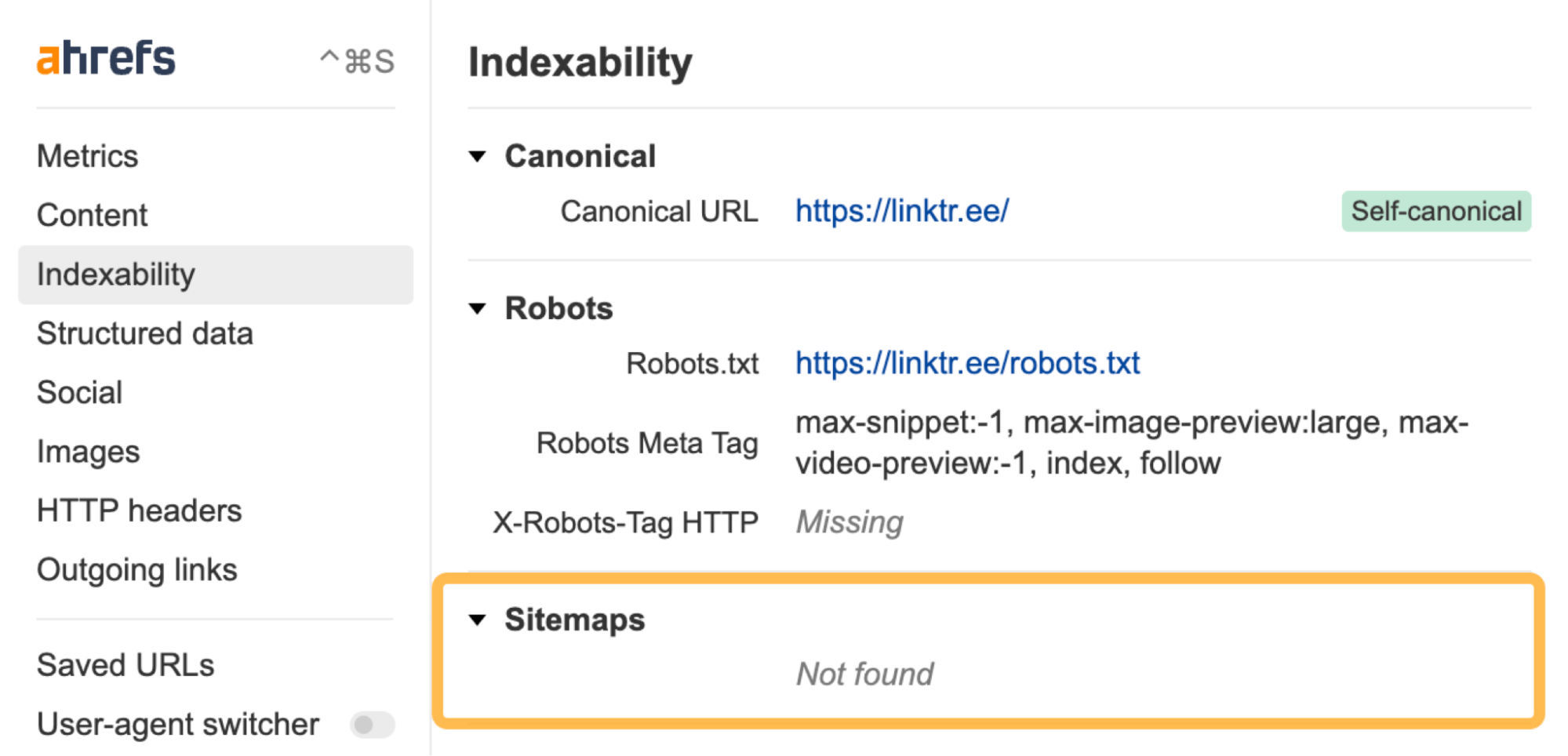 Arquivo sitemap.xml ausente, por meio da barra de ferramentas de SEO do Ahrefs
