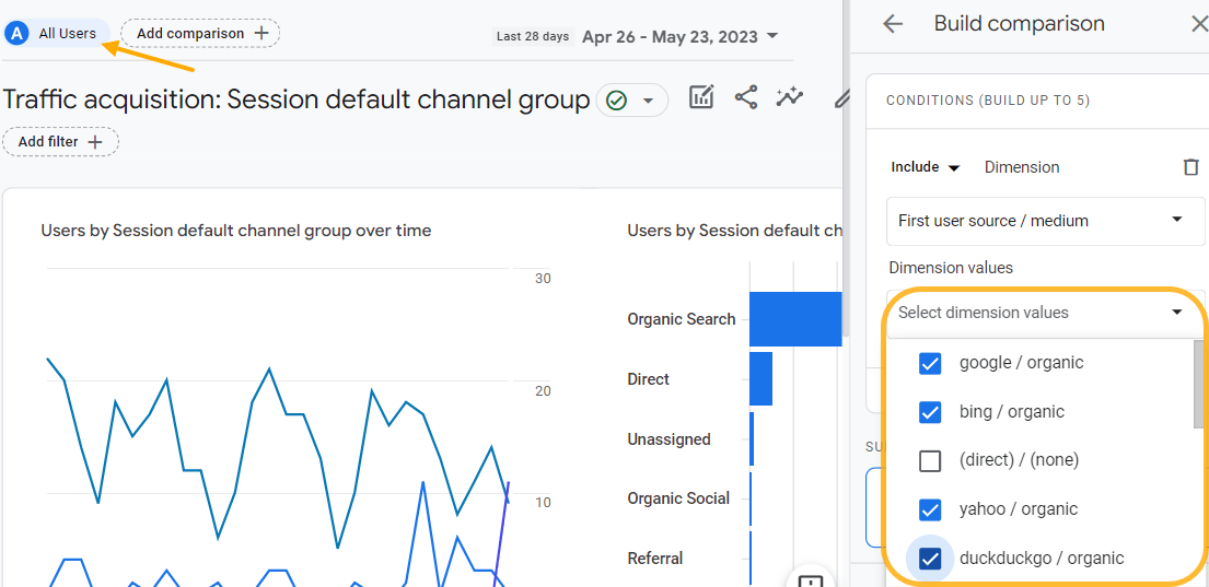 Organic traffic filters in Google Analytics