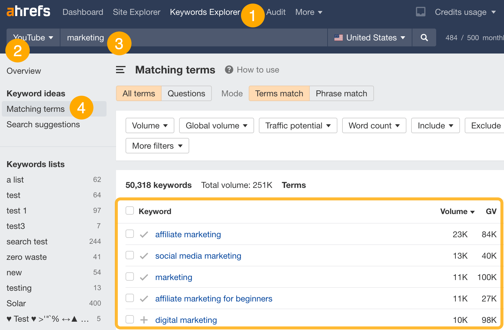 Finding "YouTube" keywords, via Ahrefs' Keywords Explorer