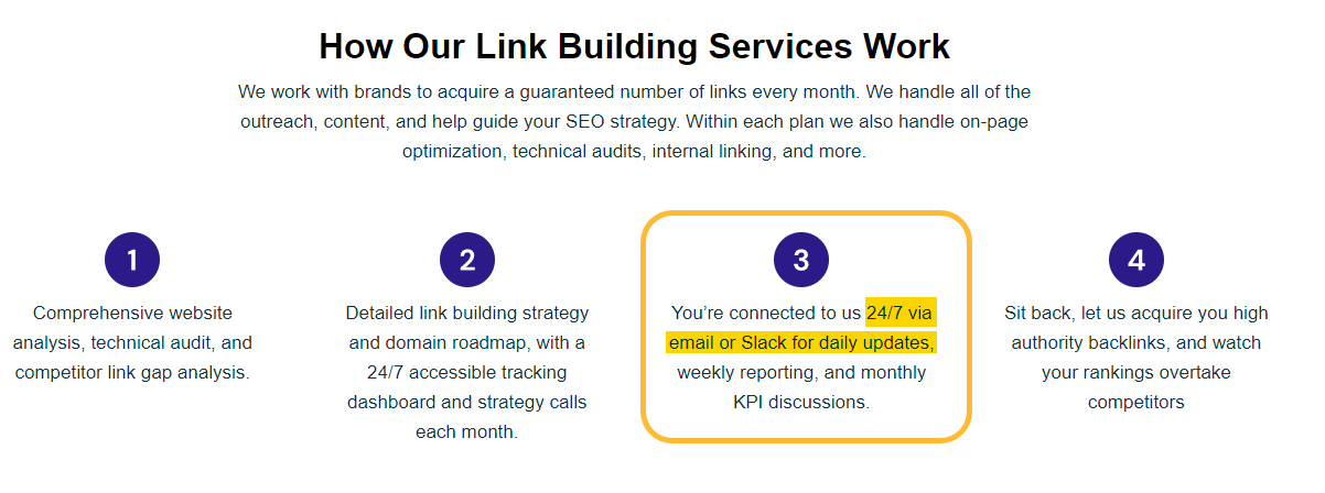 Link building agency assuring customers are connected to it 24/7 on its website