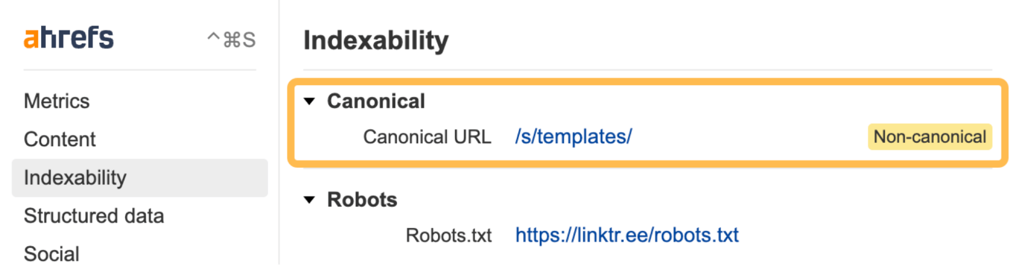 Relative canonical tag, via Ahrefs' SEO Toolbar
