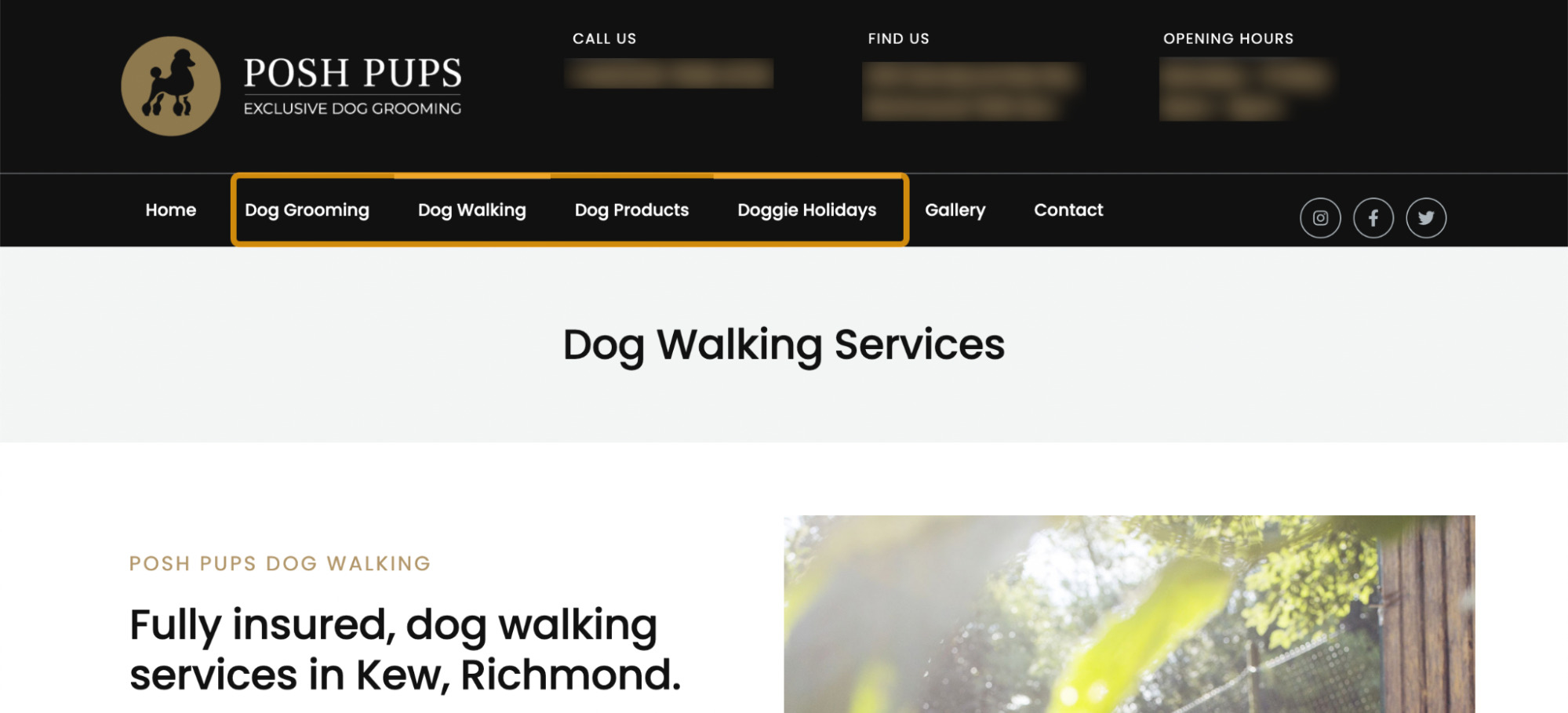 Example of services and products featured in the navigation, via Posh Pups Kew