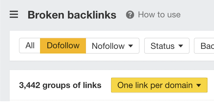 Broken backlinks report, via Ahrefs' Site Explorer
