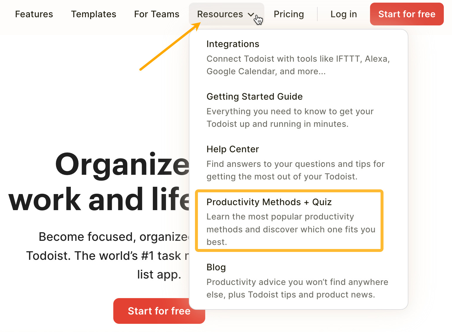 Todoist's navigation to its productivity methods quiz
