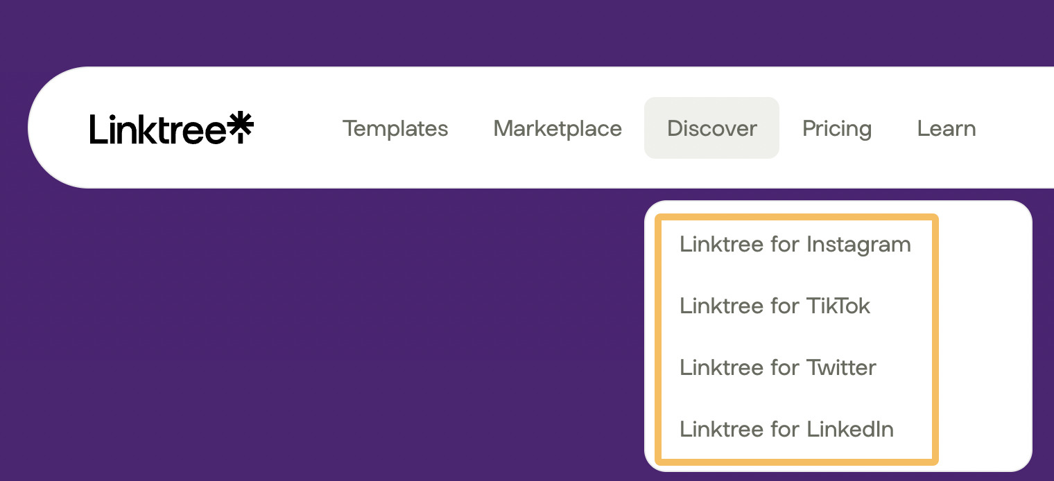 Linktree's "Discover" menu
