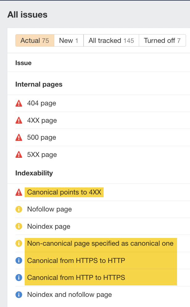 Canonical tag issues, via Ahrefs' Site Audit
