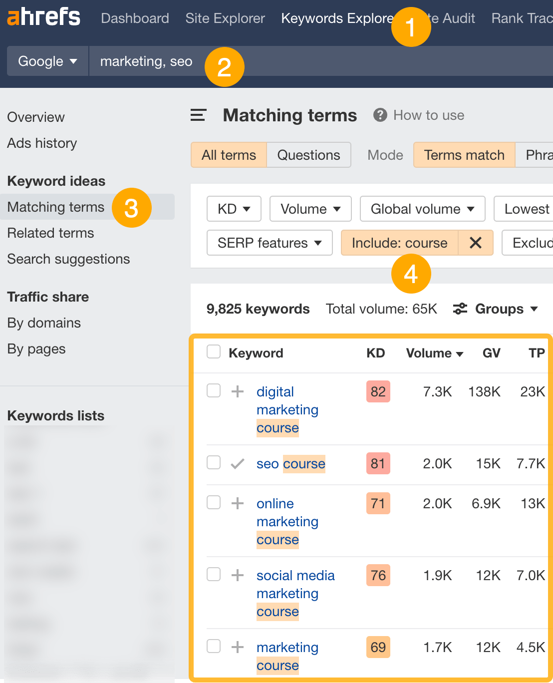 Finding "course" keywords, via Ahrefs' Keywords Explorer