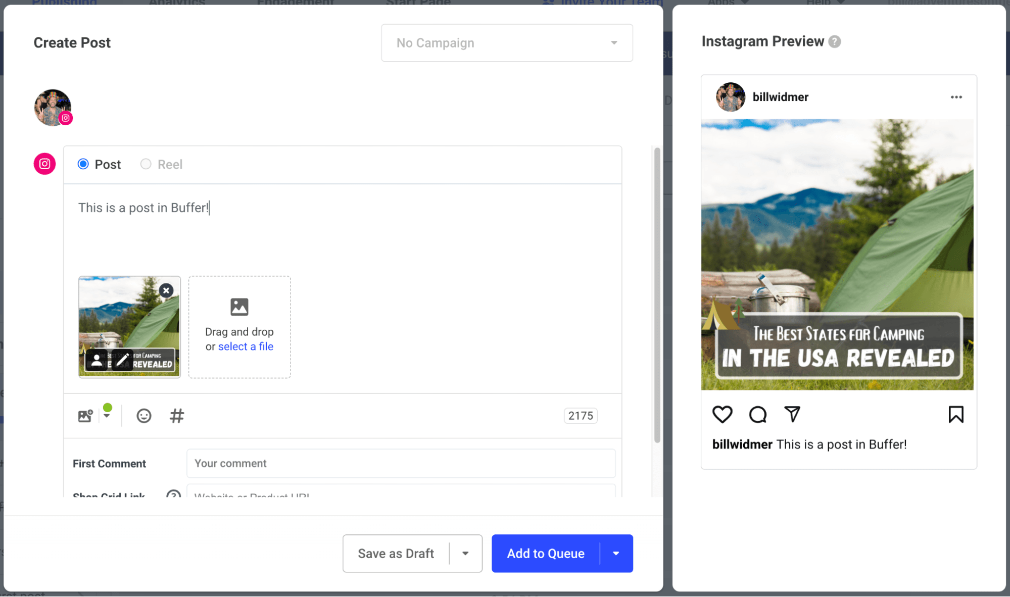 Buffer interface for posting to Instagram