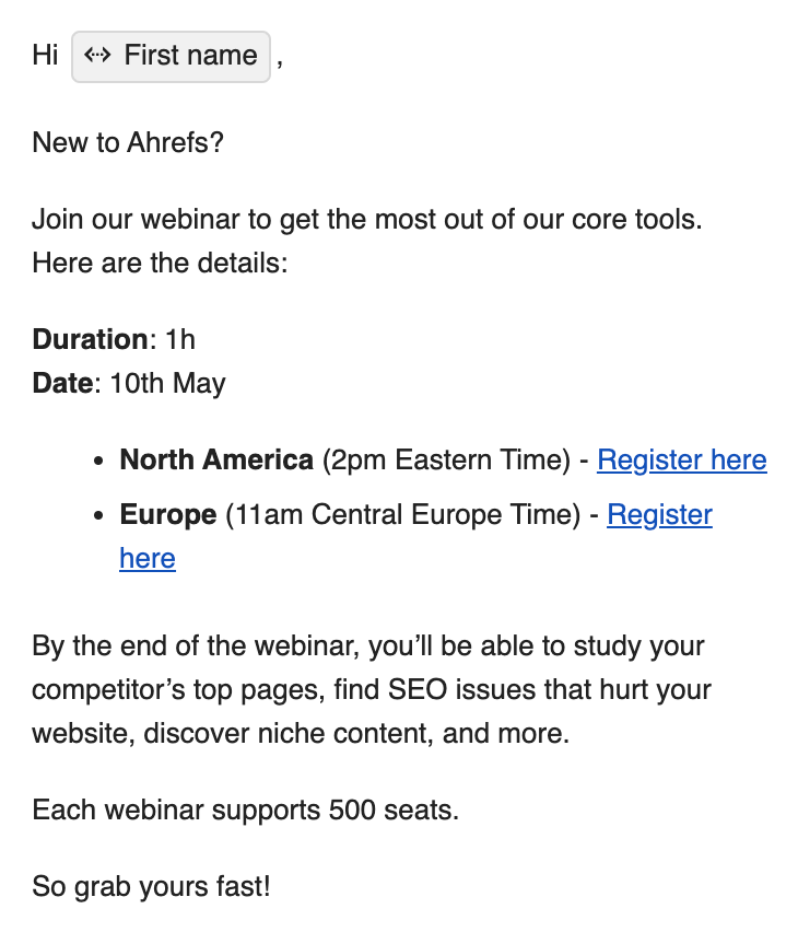 The email that Ahrefs sends to invite people to the onboarding webinar

