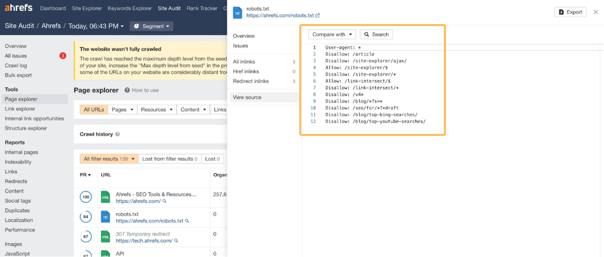 Rejeitar loja, por meio da auditoria do site da Ahrefs
