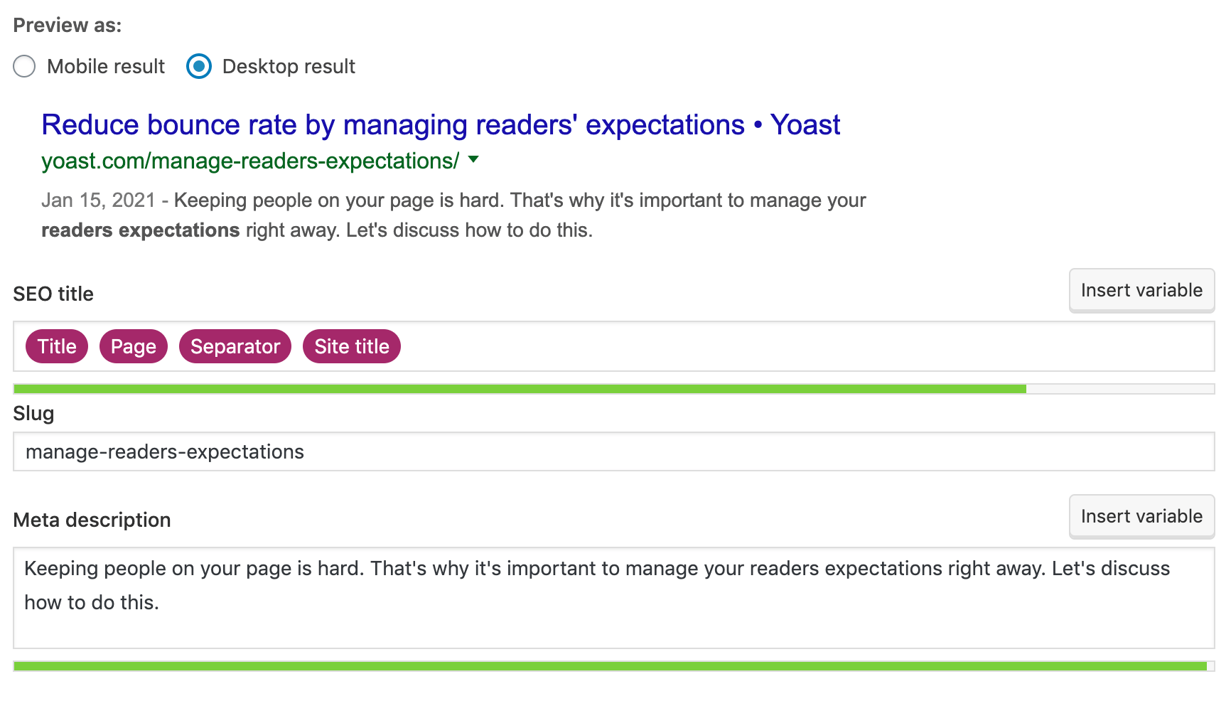 Yoast SEO desktop search engine preview