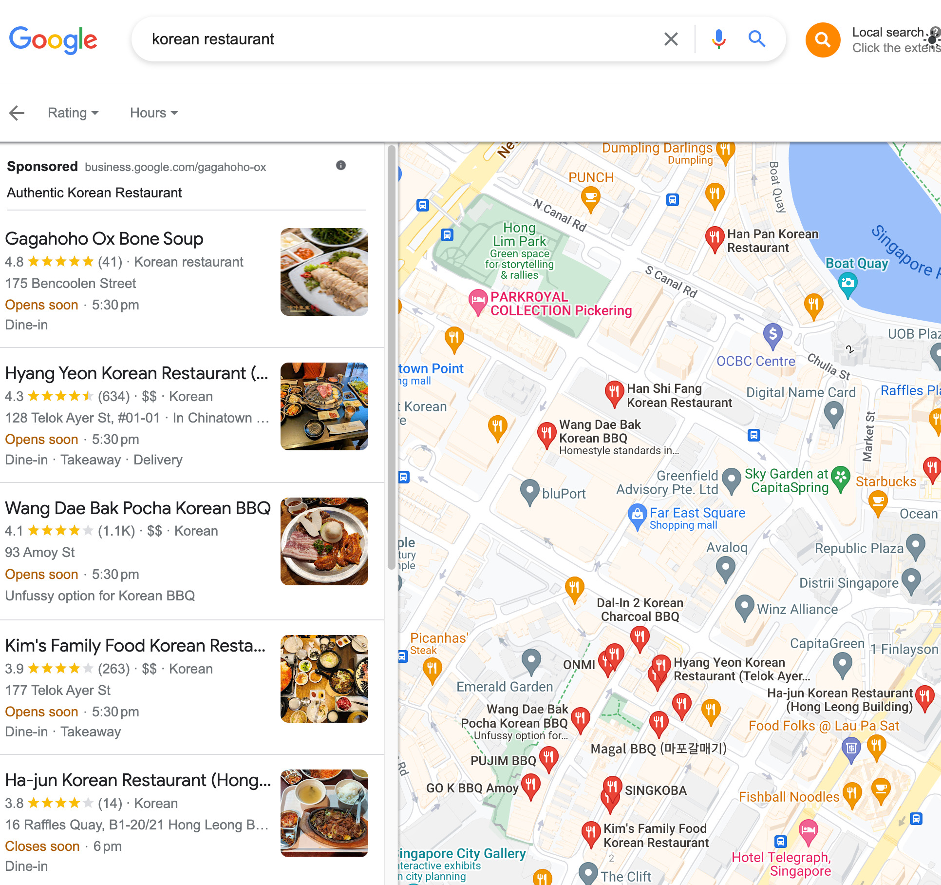 Restaurantes coreanos no Google Maps