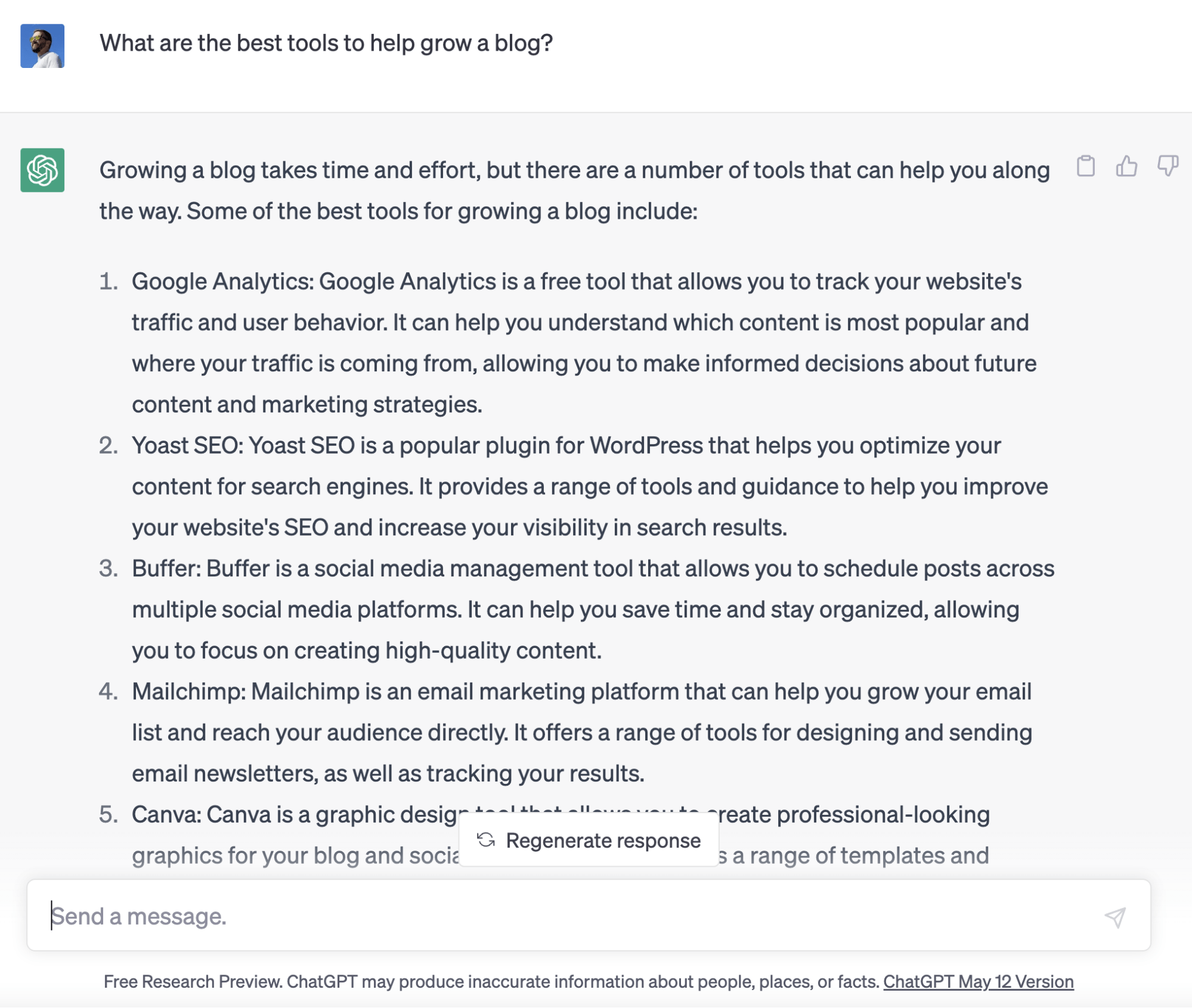ChatGPT's response to "What are the best tools to help grow a blog?"