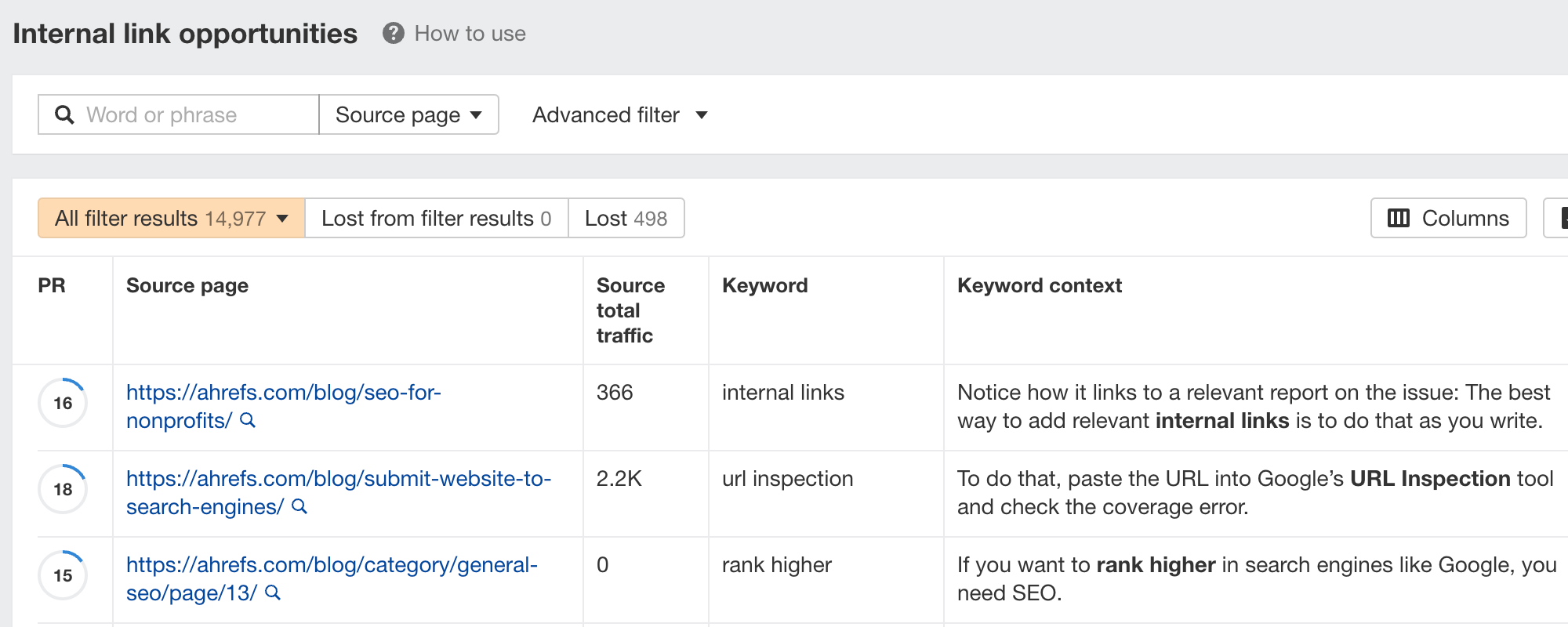 Ahrefs Site Audit（网站诊断）中的 Internal link opportunities（内部链接机会）报告