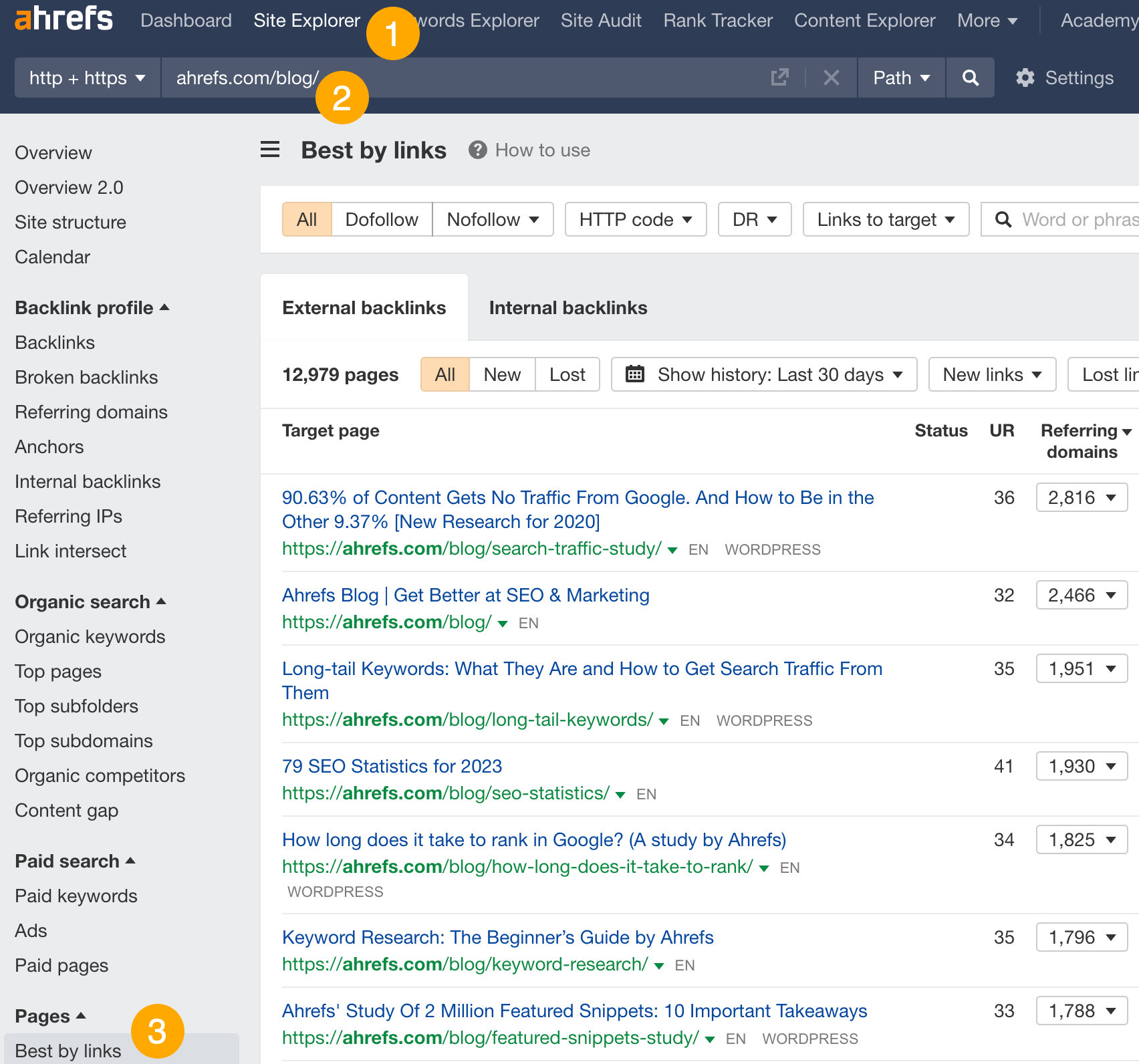 Usando o relatório Best by links para encontrar oportunidades de isca de link, por meio do Site Explorer da Ahrefs