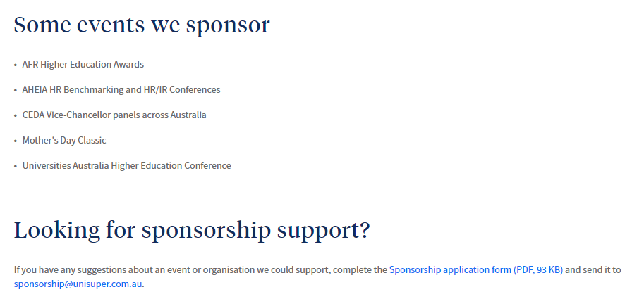 Elenco degli eventi UniSuper sponsor