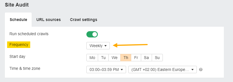 Configurações de frequência de auditoria do site