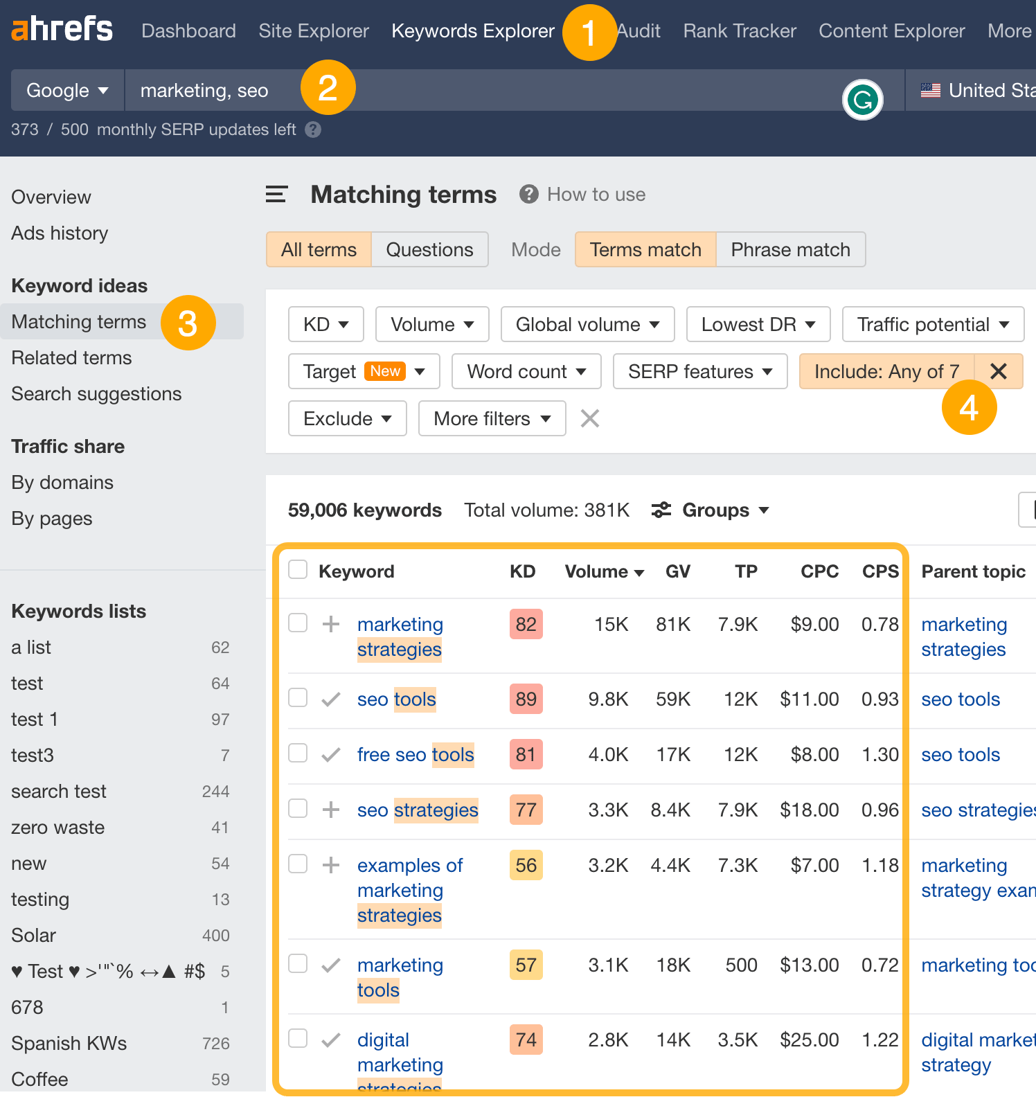 Finding "listicle" keywords, via Ahrefs' Keywords Explorer
