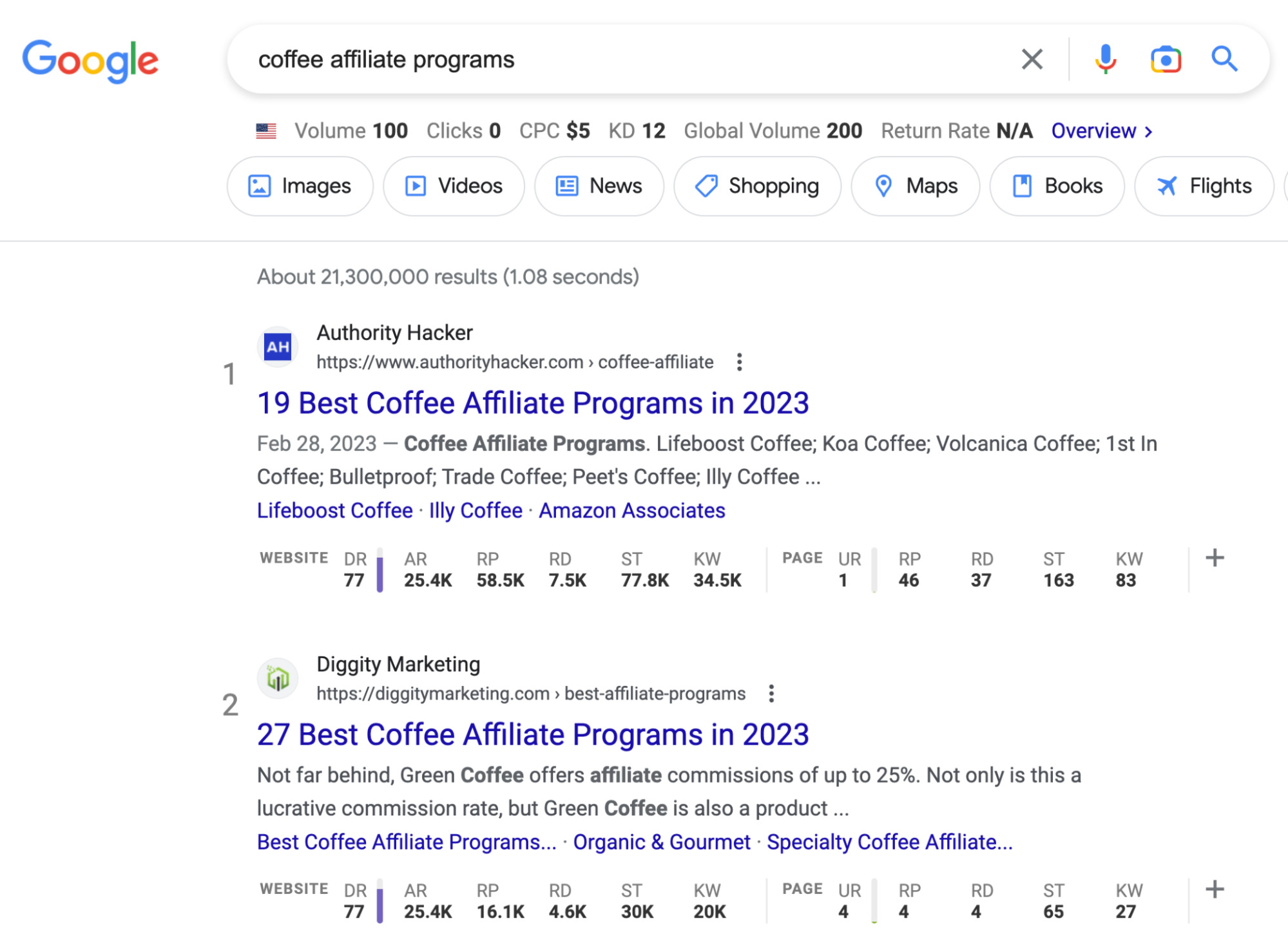 Google search results for "coffee affiliate programs"