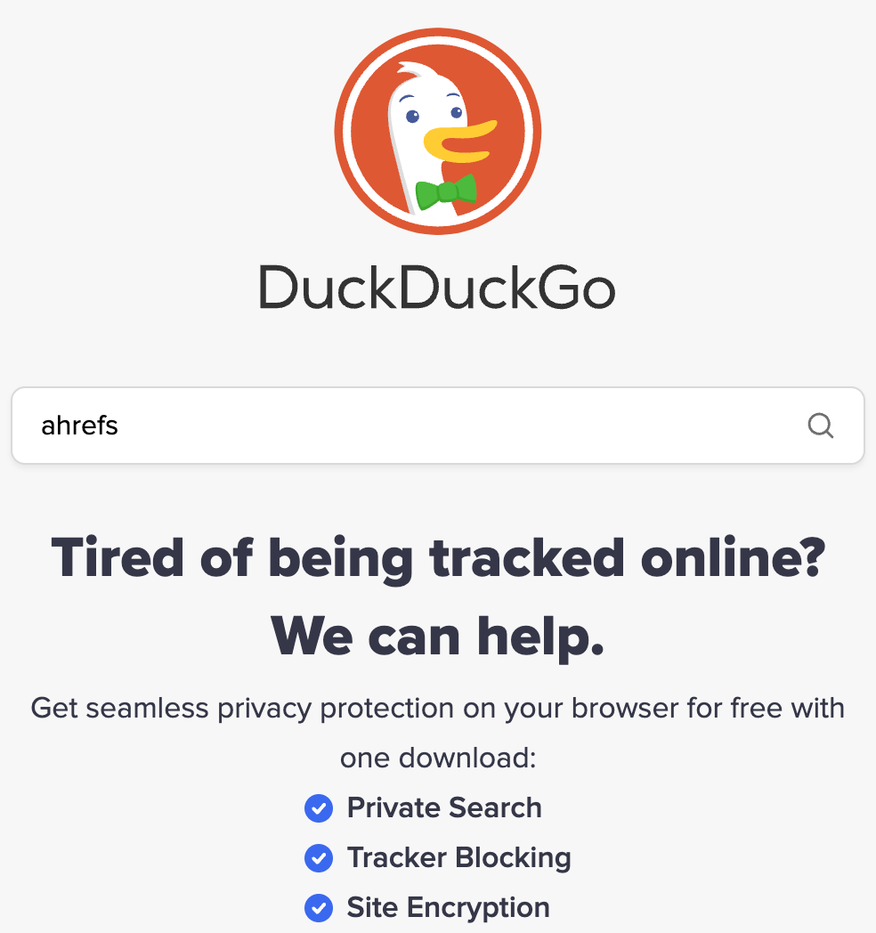 Pesquisando "ahrefs" no DuckDuckGo