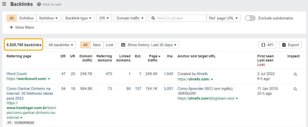 Relatório de backlinks do Site Explorer da Ahrefs