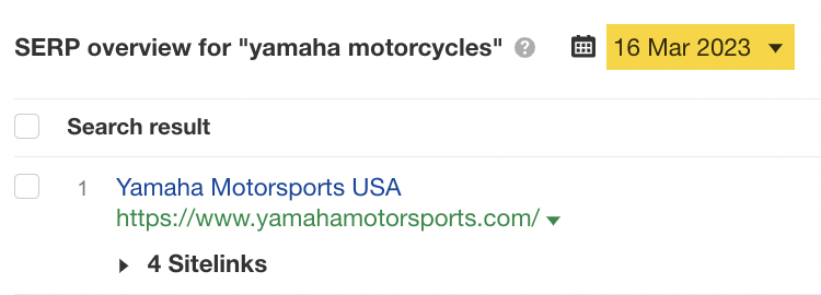 通过 Ahrefs Keywords Explorer（关键词分析）查看 "yamaha motorcycles" 的 SERP 概览