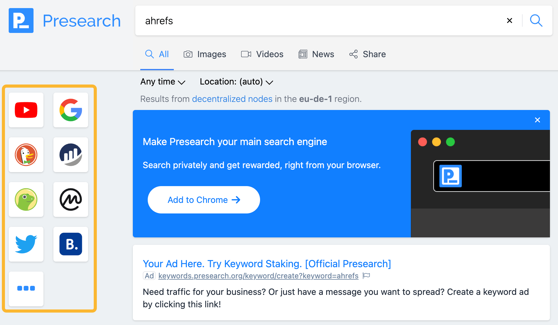 Presearch offering search shortcuts
